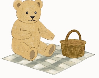 Ours en peluche pique-nique Clipart PNG, Illustration vintage dessinée à la main d'ours, fête d'anniversaire d'enfants PNG, Clipart de baby shower, chambre d'enfant des bois