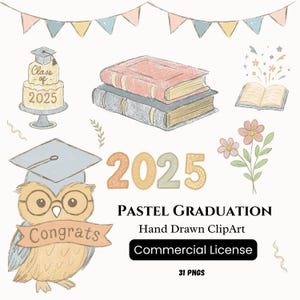 Clipart de Doodle de Formatura, Desenho Pastel Desenhado à Mão PNG, Clipart de Boné de Formatura, Coruja PNG, Turma de 2025, Uso Comercial