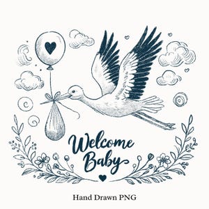 Welkom babyooievaar PNG, handgetekende clipart, pasgeboren baby PNG, babyshower clipart, ooievaar PNG, wenskaart ontwerp, digitale download