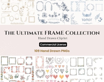 Bundle de cliparts cadre, 109 PNG dessinés à la main, fleurs, cadres vintage, coeur & couronne, usage commercial, bordures de mariage floral vintage