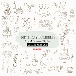 Imágenes PNG de fiesta de cumpleaños, paquete de imágenes prediseñadas dibujadas a mano, imágenes prediseñadas de garabatos vintage, ilustraciones de fiesta, imágenes PNG de celebración de cumpleaños, uso comercial