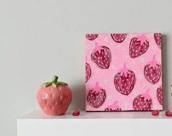 Original Acrylic Strawberry Painting on Wood Board Canvas (12cm x 12cm)