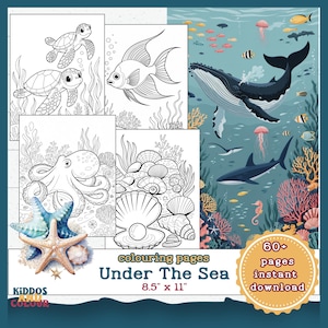 Può includere: Pagine da colorare "Under The Sea" con illustrazioni di vita marina, tra cui tartarughe, pesci, un polpo e conchiglie. Le pagine misurano 21,59 cm x 27,94 cm e offrono oltre 60 pagine per il download immediato.