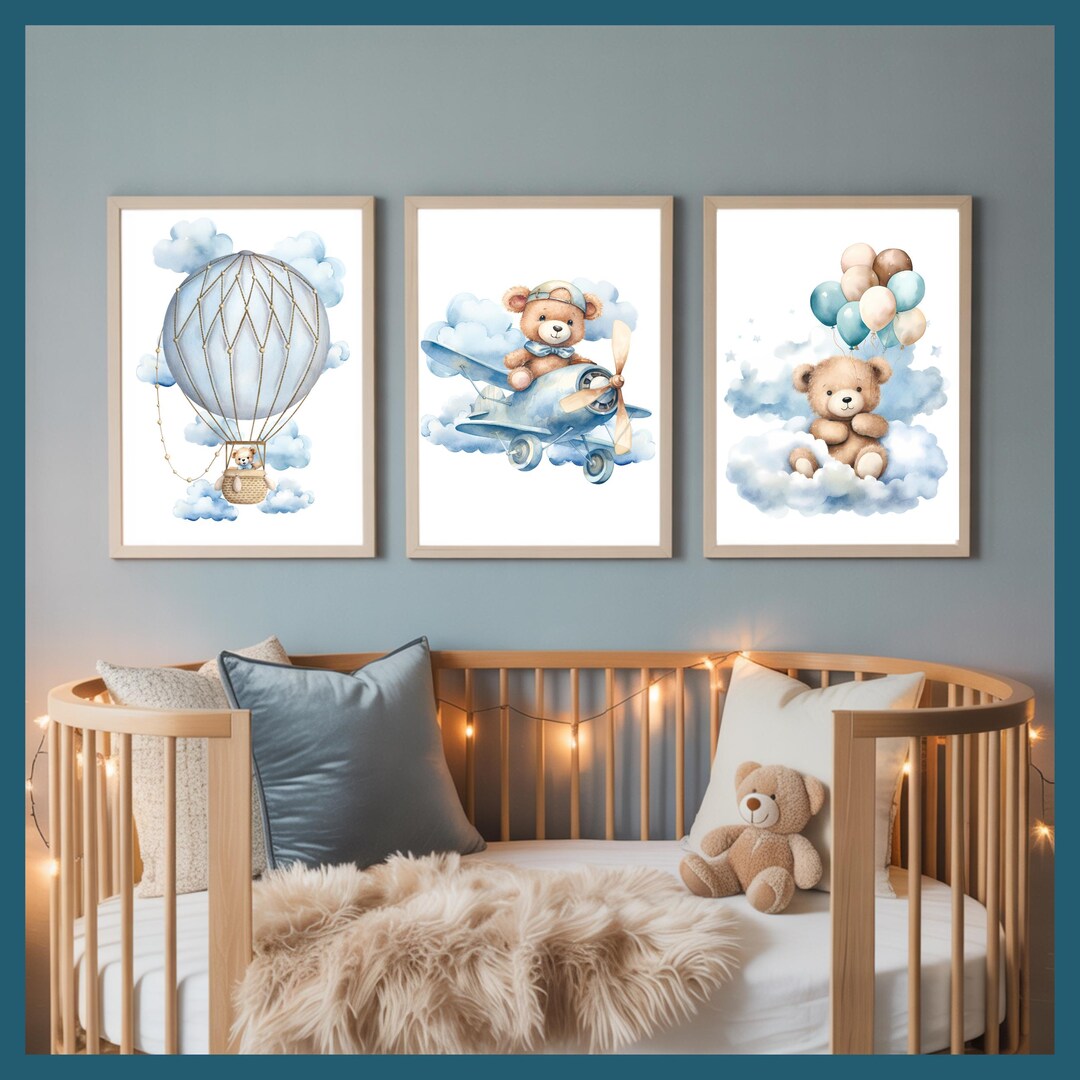 Teddy Bear Nursery Wall Art Printable Set – Blue Sky Cloud Baby Room ...