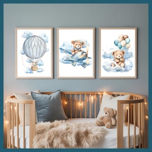 Ensemble imprimable d'art mural pour chambre d'enfant avec ours en peluche - Déco pour chambre de bébé nuage bleu ciel avec ballon, avion et ours - Impressions en téléchargement numérique pour chambre d'enfant