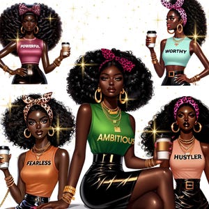 Paquete de 7 imágenes PNG de chicas negras mágicas / Imágenes prediseñadas de mujeres afroamericanas empoderadas / Descarga digital de ilustraciones de moda / Diseño PNG de Boss Babe