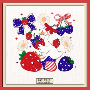 4th of July Goose PNG | Patriotic Strawberry Clipart for Sublimation | Cute Kawaii Goose with Red White Blue Berries | USA Summer Digital