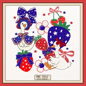 Patriotic Strawberry Goose PNG | Red White and Blue Goose Clipart | 4th of July Kawaii Sublimation Design | USA Summer Digital Download