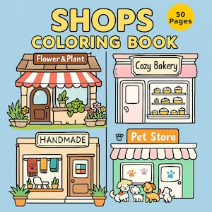 Shops kleurboek – 50 pagina&#39;s met schattige etalages – afdrukbare pdf voor kinderen en volwassenen (8,5 x 8,5 inch)