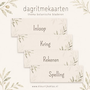 Könnte beinhalten: Vier rechteckige Karten mit einem botanischen Blattmuster in gedecktem Grün und Beige. Die Karten tragen die Aufschriften Inloop, Kring, Rekenen und Spelling. Die Kopfzeile lautet dagritmekaarten thema botanische bladeren und unten steht eine URL.