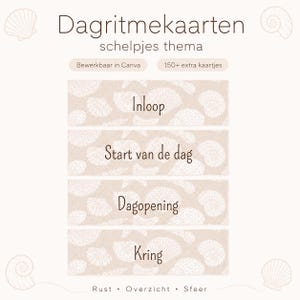 Op de afbeelding: Een set printbare dagritmekaarten met een schelpjesthema, voorzien van de tekst Dagritmekaarten schelpjes thema, Inloop, Start van de dag, Dagopening en Kring. Het ontwerp bevat beige achtergronden met witte illustraties van schelpen.