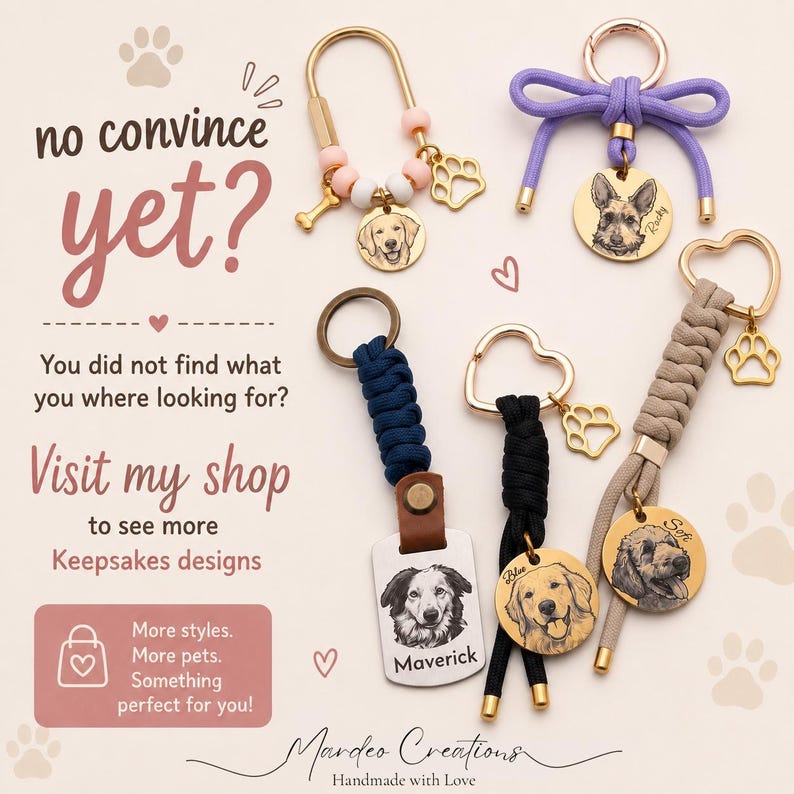 May include: Five custom keychains featuring engraved pet portraits on metal charms. Designs include braided cords in navy, black, and beige, a purple bow, and pink and white beads. Charms are shaped like circles, rectangles, bones, and paw prints.