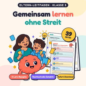 Peut inclure: Un guide numérique intitulé Eltern-Leitfaden Klasse 5 avec le texte Gemeinsam lernen ohne Streit. Il comprend une illustration de deux personnes et un personnage cerveau tenant des cartes, ainsi qu'une page indiquant 39 Seiten et 5 Lern-Superkräfte.