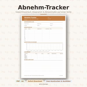Könnte beinhalten: Ein ausdruckbarer Abnehm-Tracker mit braunem Kopfbereich und der Aufschrift Abnehm-Tracker. Das Formular enthält Abschnitte für Ausgangswerte, einen Gewichtsverlauf, ein Diagramm, Körpermaße sowie ein Feld für Notizen auf weißem Grund.