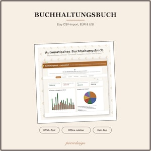 Könnte beinhalten: Ein digitales Buchhaltungsbuch mit Etsy CSV-Import, EÜR & USt Funktionen. Die Benutzeroberfläche zeigt ein automatisiertes Dashboard mit Finanzdaten, Balkendiagrammen und einem Kreisdiagramm zur Übersicht von Einnahmen und Ausgaben.