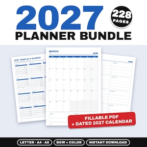 2027 Planner Bundle | Fillable Printable PDF | Dated Calendar, Undated Pages, Habit Tracker, Journal | Letter A4 A5