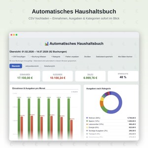 Automatisches Haushaltsbuch digital | Budgetplaner mit CSV Import | Finanzübersicht & Ausgaben Tracker | Sofort Download