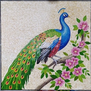 Peacock Mosaic Kitchen Backsplash – Handmade Marble Tile Art – Peacock Wall Mural for Stove or Wall – Custom Sizes Available