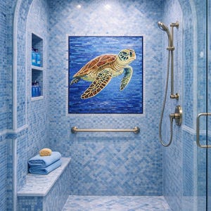 May include: A blue tiled shower with a mosaic of a sea turtle. The shower has a built-in bench with towels and a sponge, a rain shower head, and a hand shower. The walls are a light blue mosaic tile. The shower is a luxurious design.