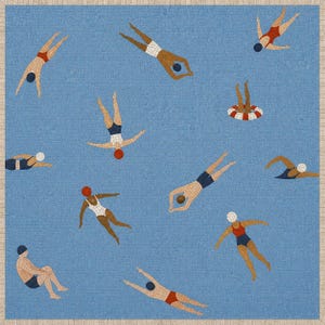 May include: A square textile print featuring a blue background with a repeating pattern of figures swimming in various poses. The swimmers wear red, white, or dark blue swimsuits and caps, with one figure partially submerged in a red and white life ring.