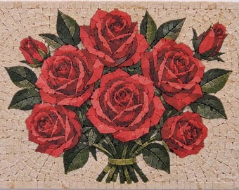 Mosaikplattor med röda blommor – Fototapet för spisbaksida | Dekorativa plattor
