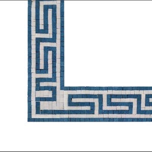 May include: A corner section of a mosaic border with a Greek key pattern. The design features a repeating geometric motif in alternating shades of blue and white, creating a visually striking contrast. The mosaic is composed of small, square tiles.