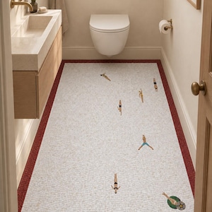 May include: A rectangular floor mosaic featuring a white tiled field with small, scattered figures of people swimming and diving. The mosaic is bordered by a thick, dark red tile frame, creating a distinct contrast against the white centre.