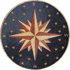 Compass Rose Nautical Mosaic Backsplash – Handmade Marble Tile Medallion for Kitchen, Patio & Floor – Custom Sizes Available