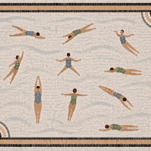 May include: A rectangular mosaic wall art piece featuring nine figures in swimsuits performing various swimming and diving poses. The background consists of light-colored tiles with wavy blue lines, framed by a border of black and tan tiles.