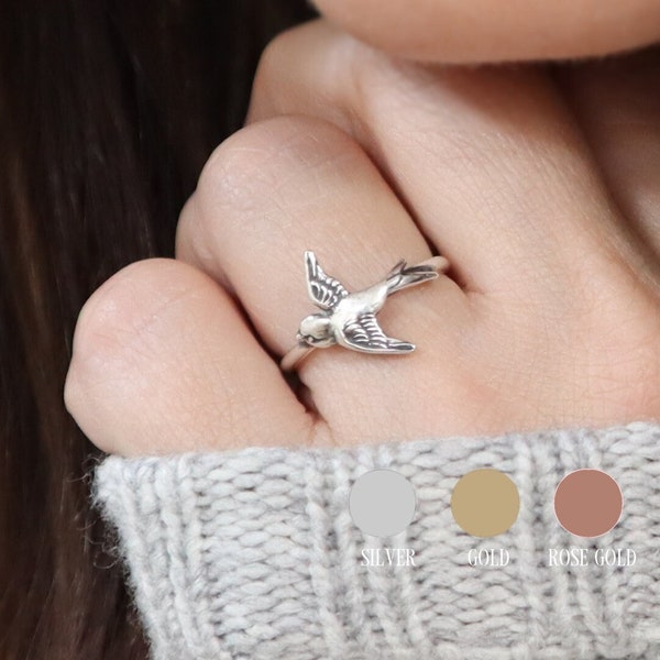 Sparrow Ring, Sparrow Stacking Ring, Sterling Silver Finish, 24K Gold Finish, Bird Band Ring