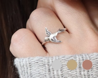 Sparrow Ring, Sparrow Stacking Ring, Sterling Silver Finish, 24K Gold Finish, Bird Band Ring