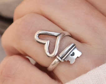 Key To My Heart Ring, Heart Key Ring, Heart Ring, Key Ring, Adjustable Ring, Sterling Silver Finish, 24K Gold Finish