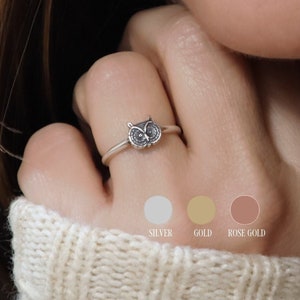 Small Owl Ring, Owl Stacking Ring, Silver, Gold, Rose Gold, Owl Gifts