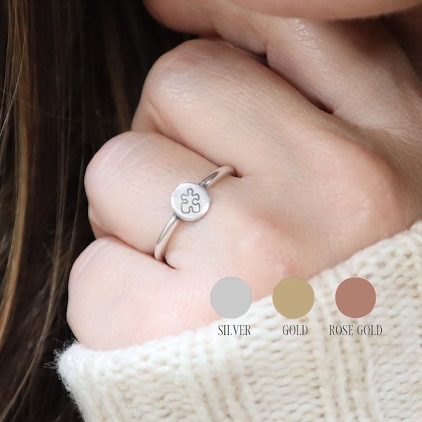 Small Puzzle Ring, Puzzle Piece Ring, Silver, Gold, Rose Gold Finishes, Autism Awareness