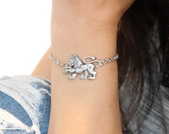 Lion Bracelet, Gifts for Leos, Sterling Silver Ox Finish or Antiqued Brass Ox Finish