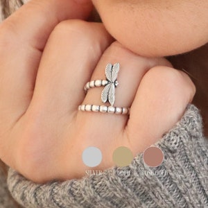 Dragonfly Ring, Adjustable Dragonfly Ring, Dragonfly Bypass Ring, Sterling Silver Finish, 24K Gold Finish