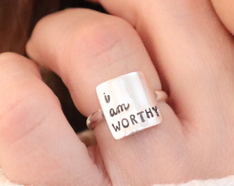 I am Worthy Quote Ring, Sterling Silver Finish, 24K Gold Finish, Inspirational Jewelry