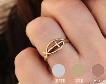 Ichthus Ring, Christian Fish Ring, Fish Cross Ring, Silver, Gold, Rose Gold Finishes, Spiritual Jewelry, Christian Rings, Religious Gifts