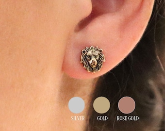 Lion Earrings, Stud Earrings, Surgical Steel Post Earrings with backs, Sterling Silver and Gold Finishes