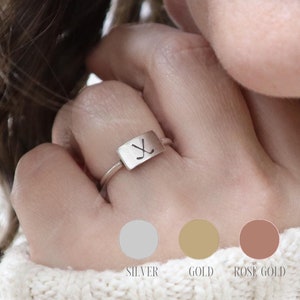 Small Sideways Tag Hockey Ring, Ice Hockey Ring, Sterling Silver, Gold, Rose Gold Finishes, Stacking Ring