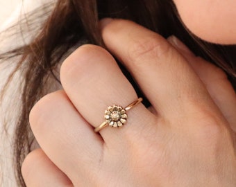 Sunflower Ring, Small Flower Stacking Ring, Sterling Silver, 24K Gold, Rose Gold Finishes, Band Ring, Skinny Band Ring