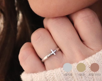 Kleiner Kreuz Ring, Sterling Silber, Gold, Rose Gold Finish, Seitlich Kreuz Ring, Christian Ring, Christlicher Schmuck