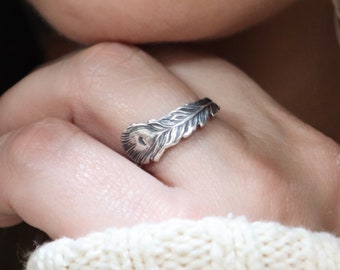Peacock Feather Ring, Feather Ring, Stackable Ring, Silver, Gold, Rose Gold Finishes,  Band Ring
