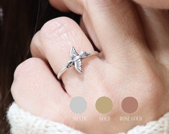 Small Bird Ring, Stackable Ring, Sterling Silver, Gold, Rose Gold Finishes, Skinny Band Ring