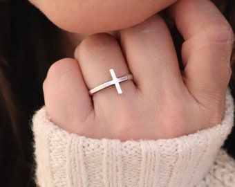 Cross Ring, Sterling Silver, Gold, Rose Gold Finishes, Sideways Cross Ring, Christian Ring, Christian Jewelry