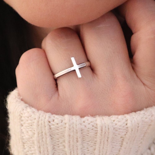 Sideways Cross Ring Sterling Silver Cross Ring Christian Etsy