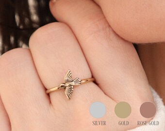 Small Bird Ring, Stackable Ring, Sterling Silver, Gold, Rose Gold Finishes, Skinny Band Ring