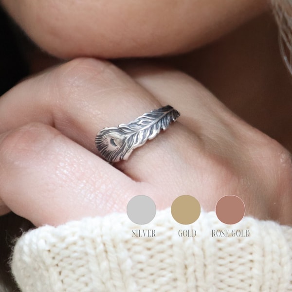 Peacock Feather Ring, Feather Ring, Stackable Ring, Silver, Gold, Rose Gold Finishes,  Band Ring