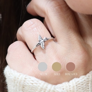 Small Bird Ring, Stackable Ring, Sterling Silver, Gold, Rose Gold Finishes, Skinny Band Ring