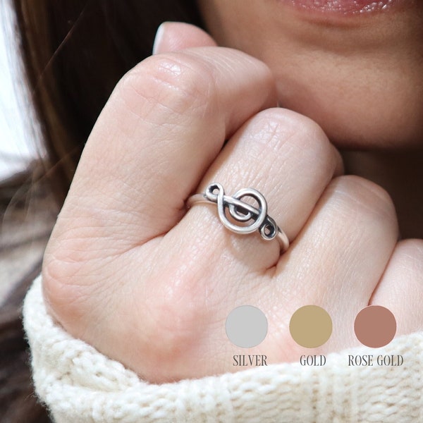 Petite bague de musique Treble Clef, petite bague de musique, bague G Clef, argent sterling, or, finitions en or rose, bijoux de musique